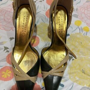 Christian Lacroix Black and Tan Strappy Heels